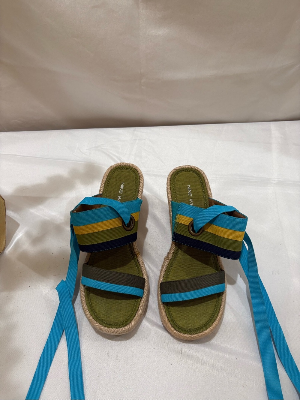 Nine West Teal, Olive & Mustard Striped Lace-Up Espadrille Sandals - Picture 2 of 4